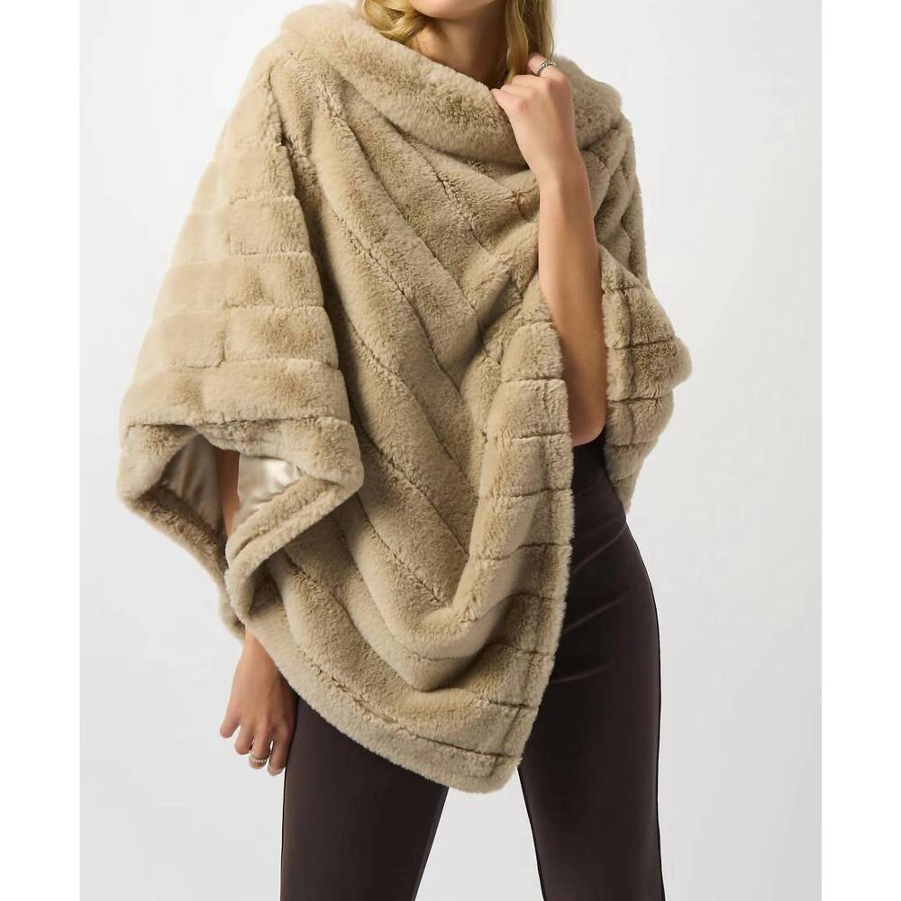 NEW JOSEPH RIBKOFF faux fur textured striped poncho in champagne